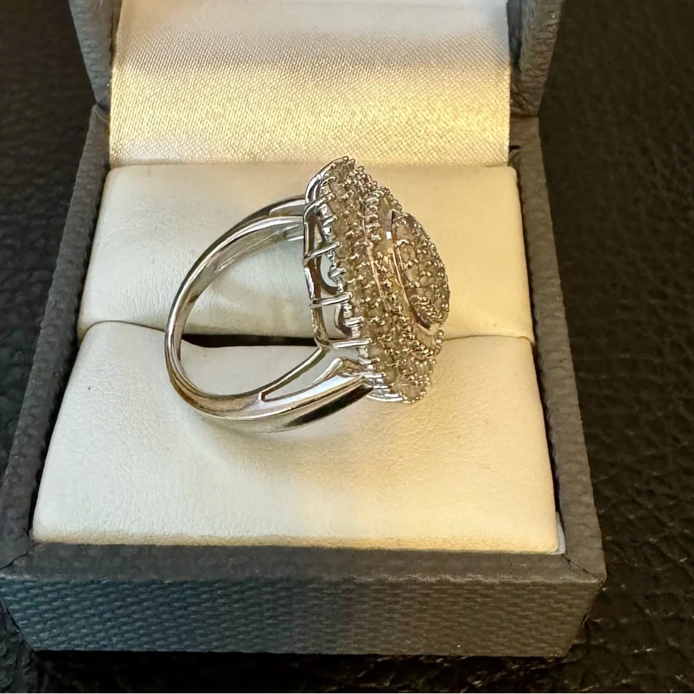 Round and Baguette White Diamond Rodium over Sterling Silver Cluster. Sz 6. - Picture 2 of 3